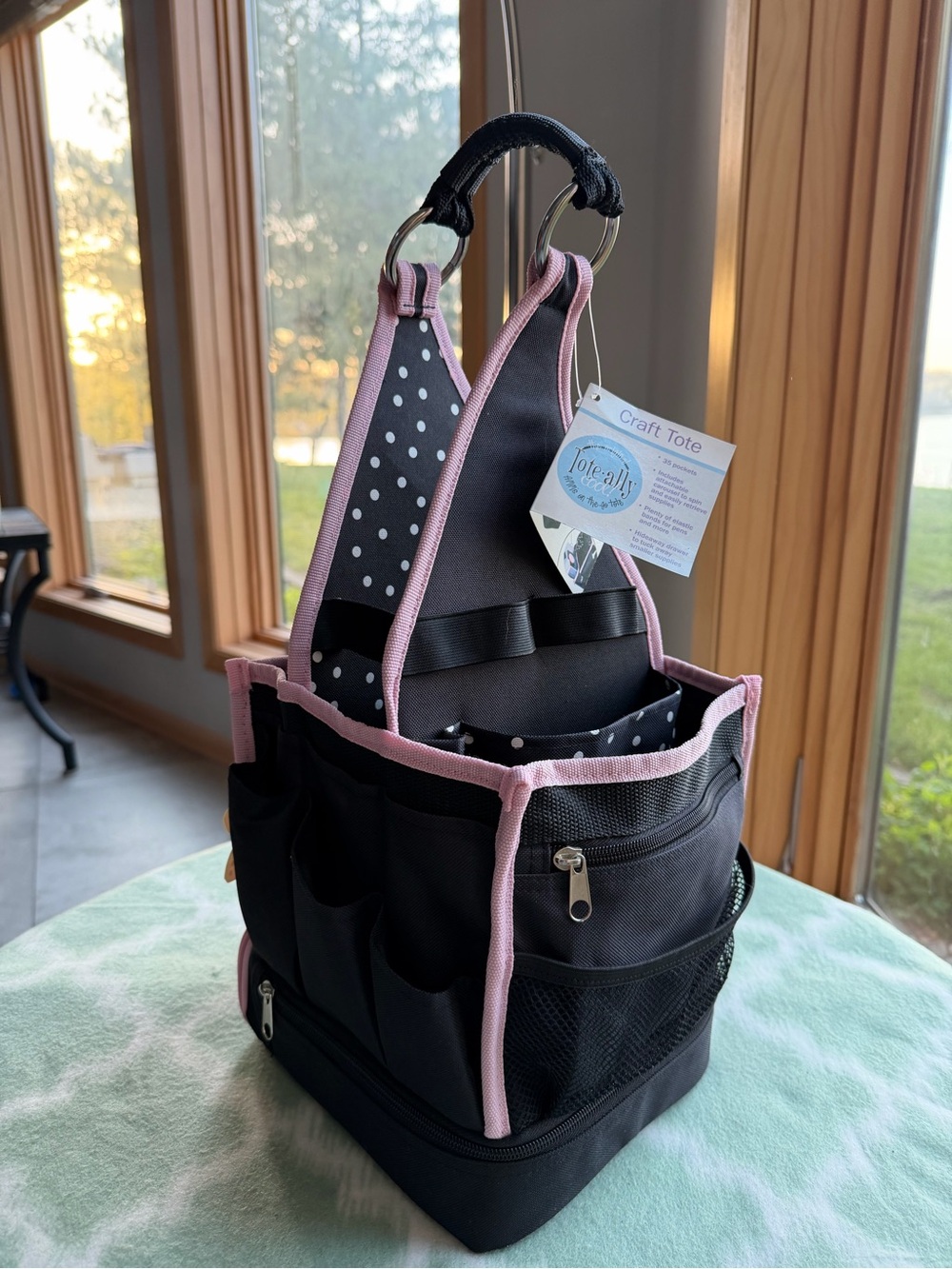 NWT AMM’s Tote-Ally Craft Tote Organizer Bag in Black White Polka Dots Pink Trim - Picture 2 of 13